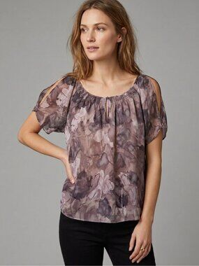 Rebecca Taylor 100% Silk Watercolor Floral Cold Shoulder Blouse Size XS/S